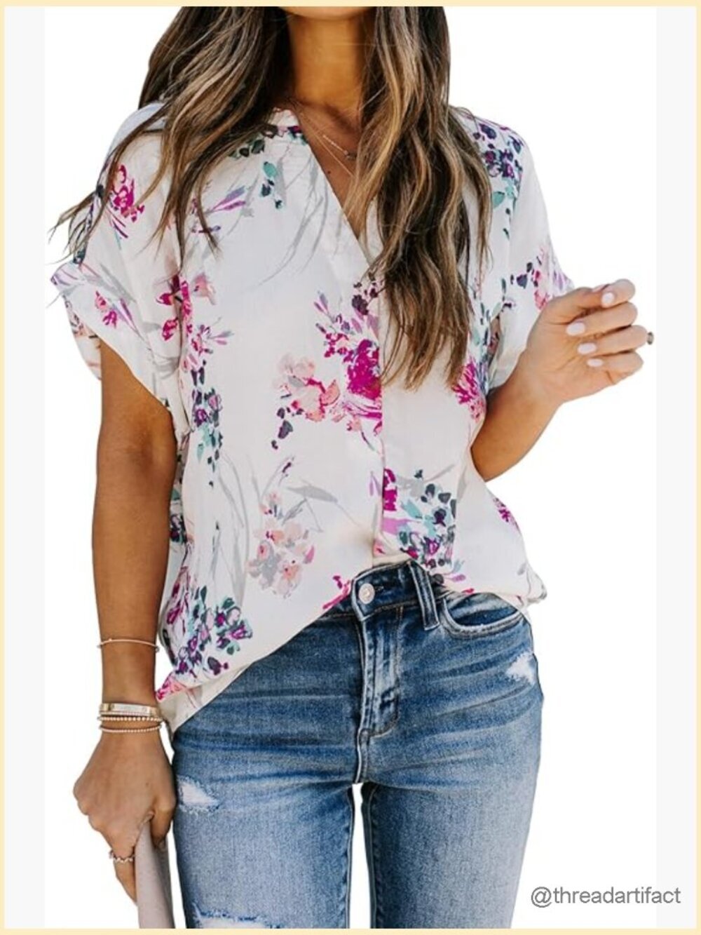 Women's Chiffon Short Sleeve V-Neck Tunic Top Floral Printed Loose Fit Blouse